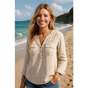 Womens Croft & Barrow Striped Linen Blend Shirt White/Tan Size M Coastal Grandma